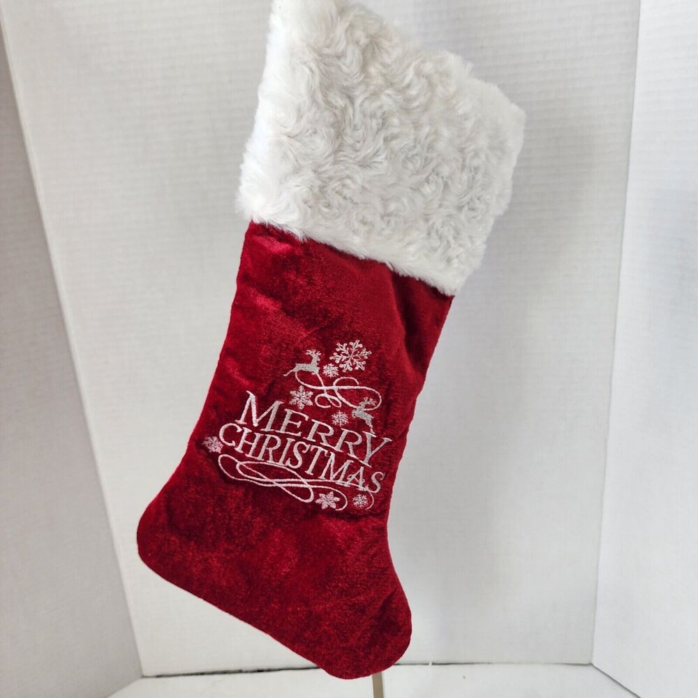 20-in Plush Red Velour "Merry Christmas" Gold Embroidered Christmas Stocking